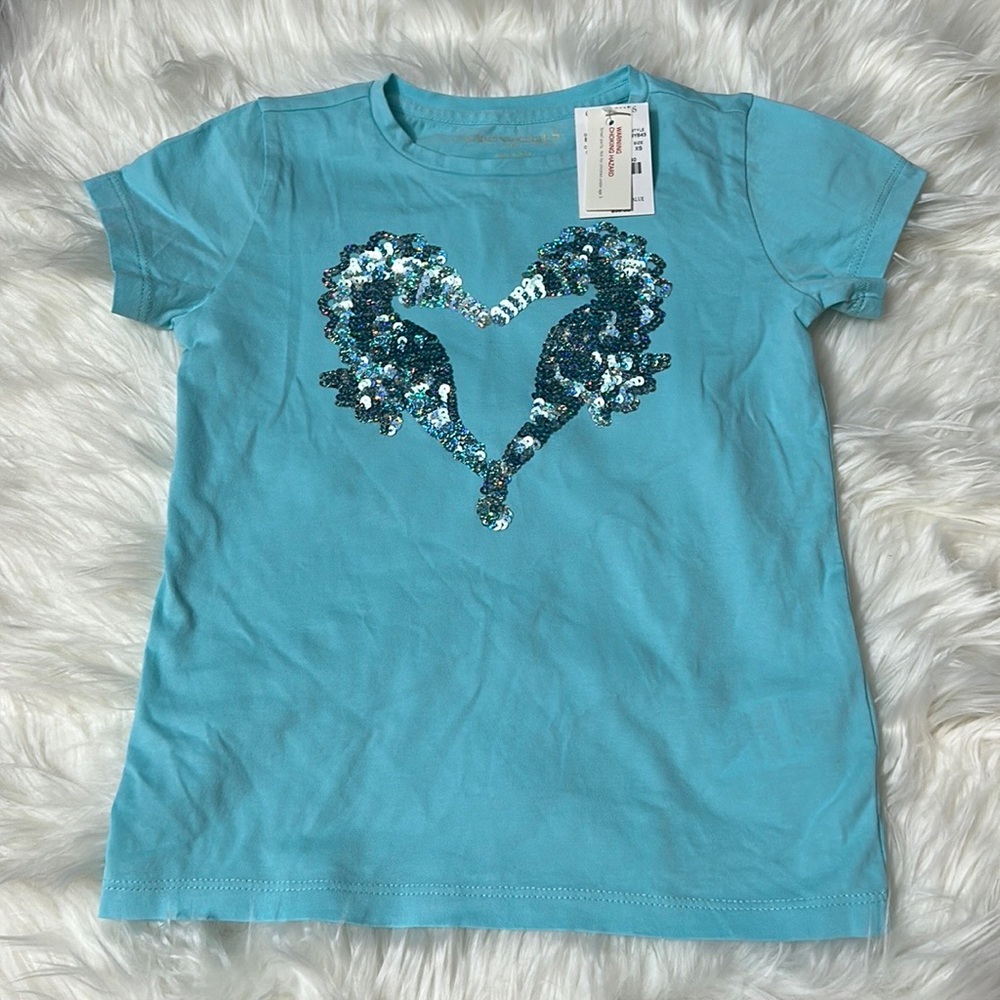 ✨✨FLAWED NWT Crewcuts Girls Seahorse Heart Shaped Sequined T-Shirt 4-5